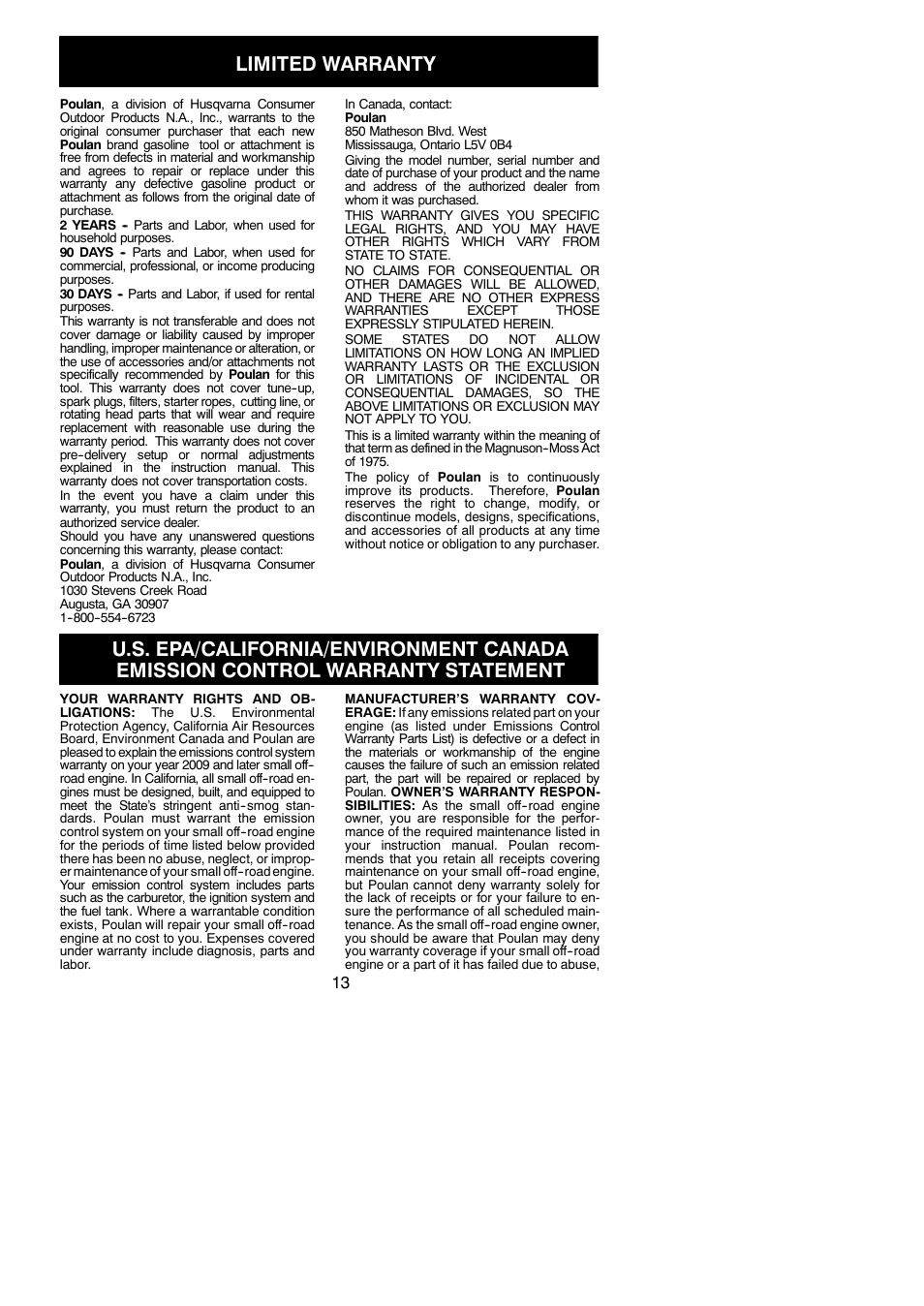 Limited warranty | Poulan 545154717 User Manual | Page 13 / 14