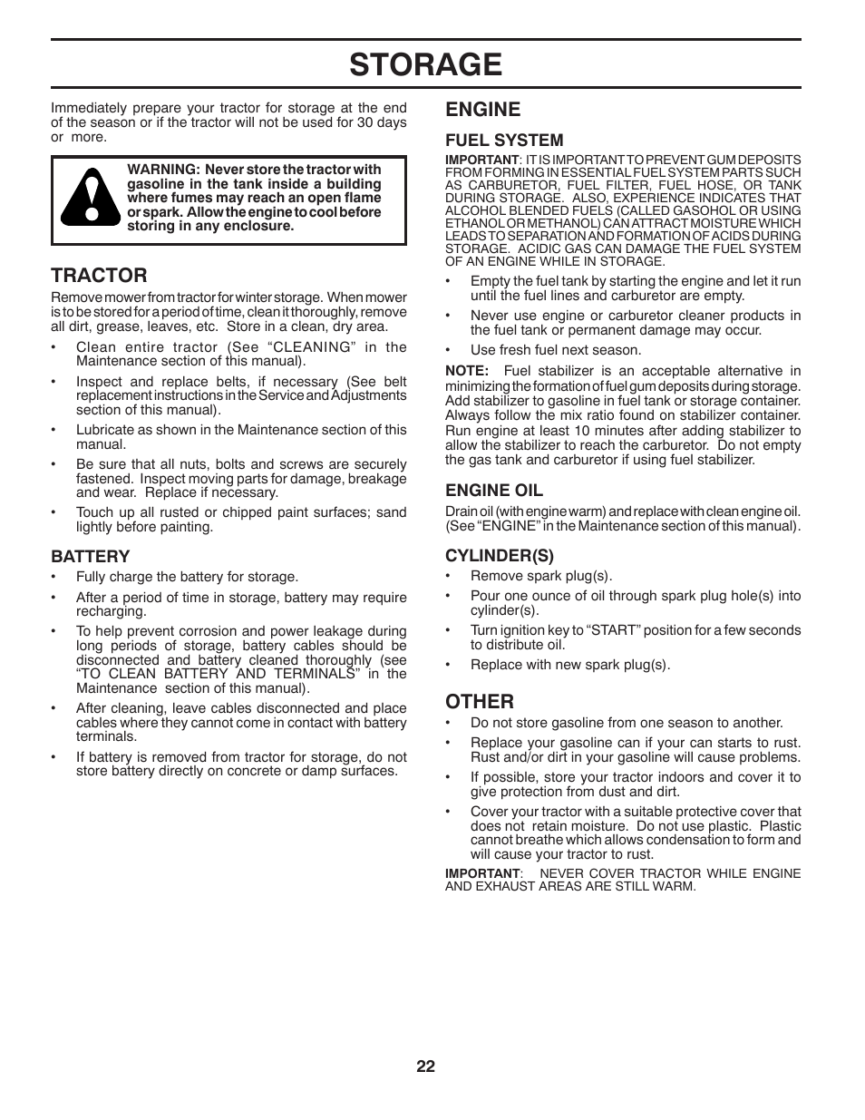 Storage, Tractor, Engine | Other | Poulan XT 96016002400 User Manual | Page 22 / 26