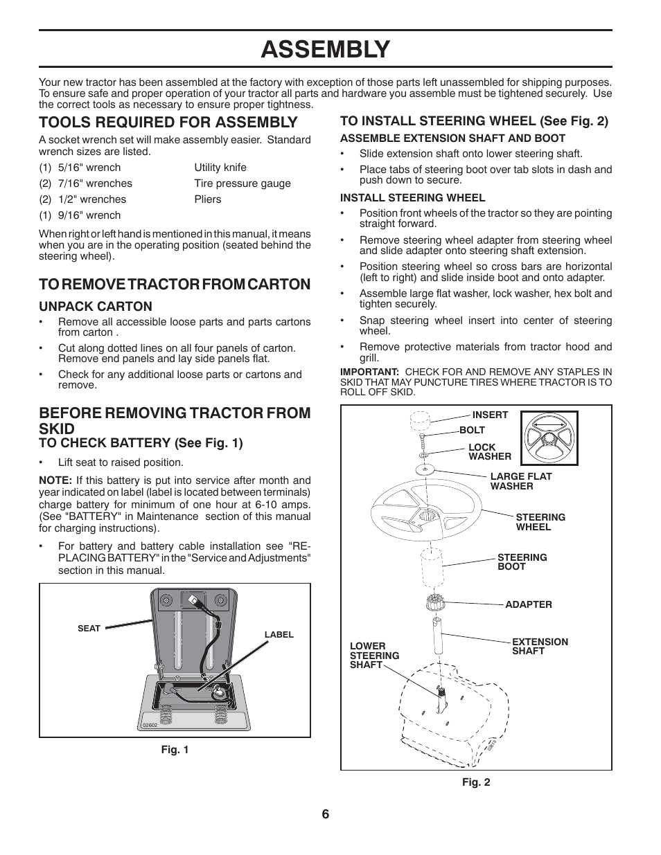 Assembly, Tools required for assembly, Before removing tractor from skid | Poulan XT 96016002400 User Manual | Page 6 / 26