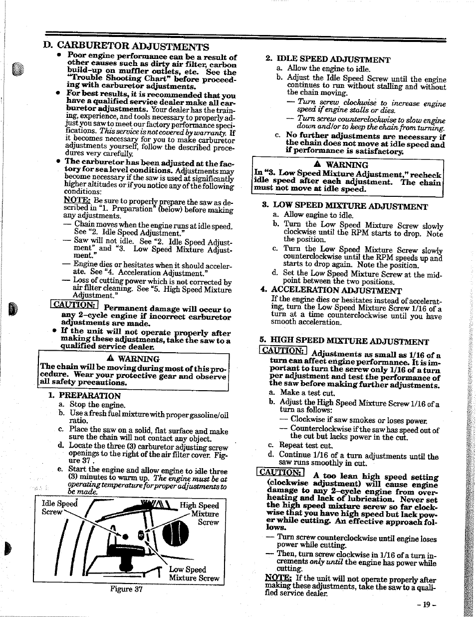D. carburetor adjustments | Poulan 2100 User Manual | Page 19 / 24