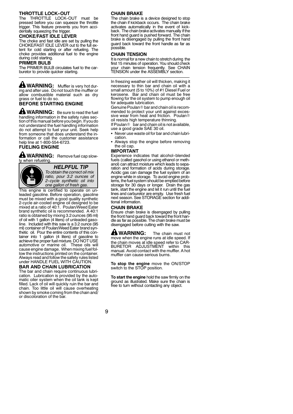 Warning, Helpful tip | Poulan 545047535 User Manual | Page 9 / 19