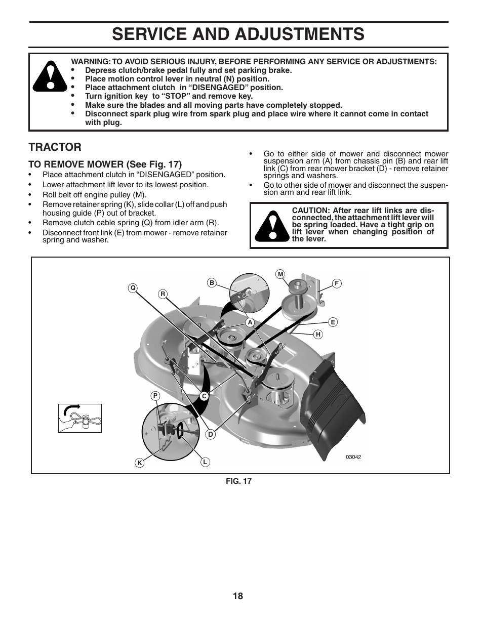 Service and adjustments, Tractor | Poulan 404378 User Manual | Page 18 / 30
