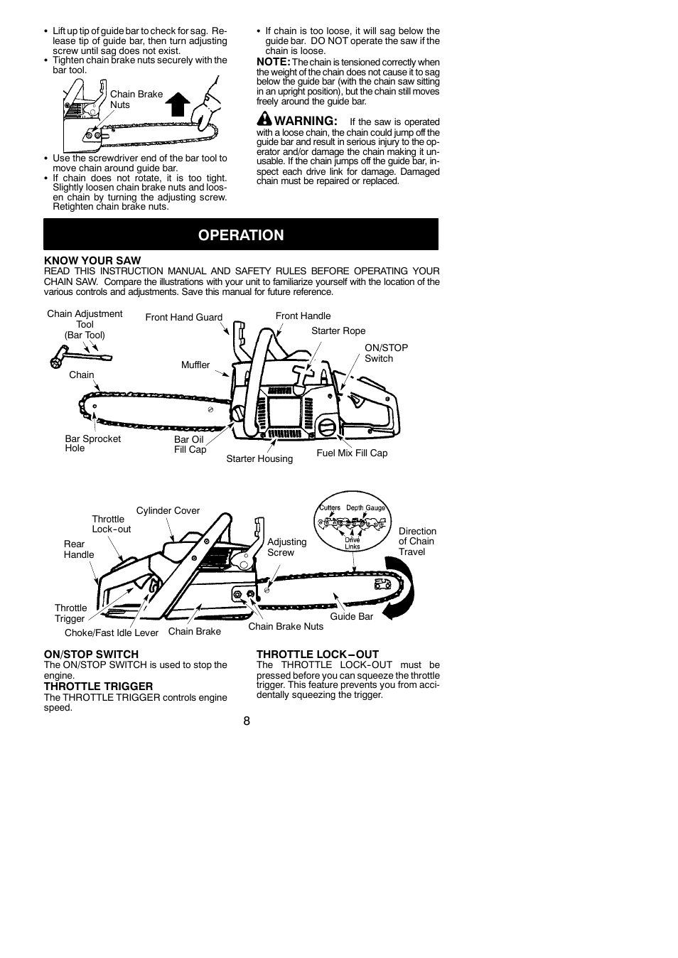 Operation, Warning | Poulan PP4620AV User Manual | Page 8 / 20