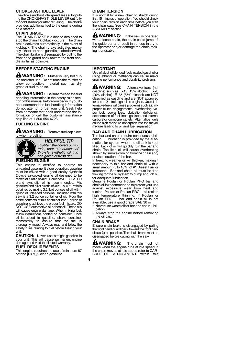 Warning, Helpful tip | Poulan PP4620AV User Manual | Page 9 / 20