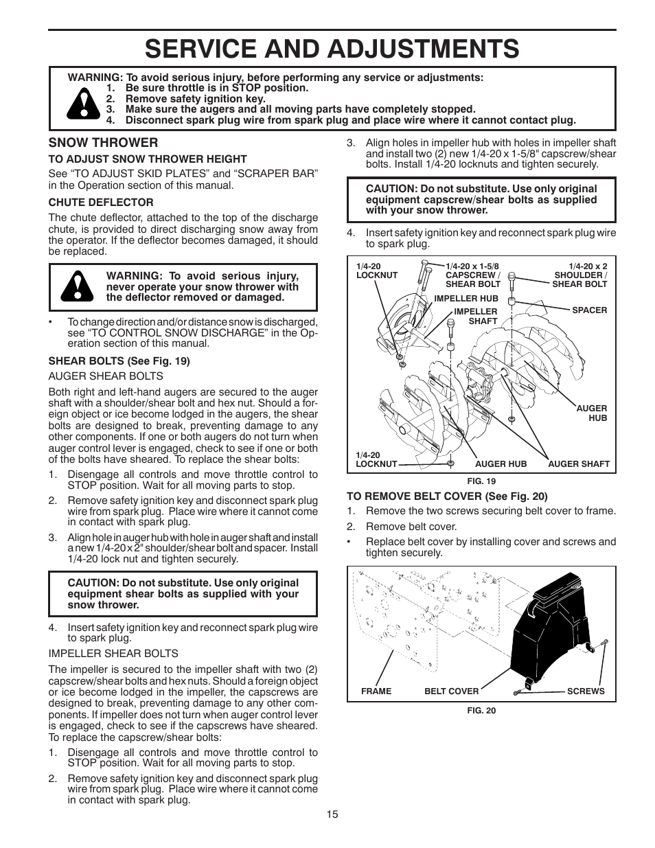 Service and adjustments, Snow thrower | Poulan 96194000500 User Manual | Page 15 / 48