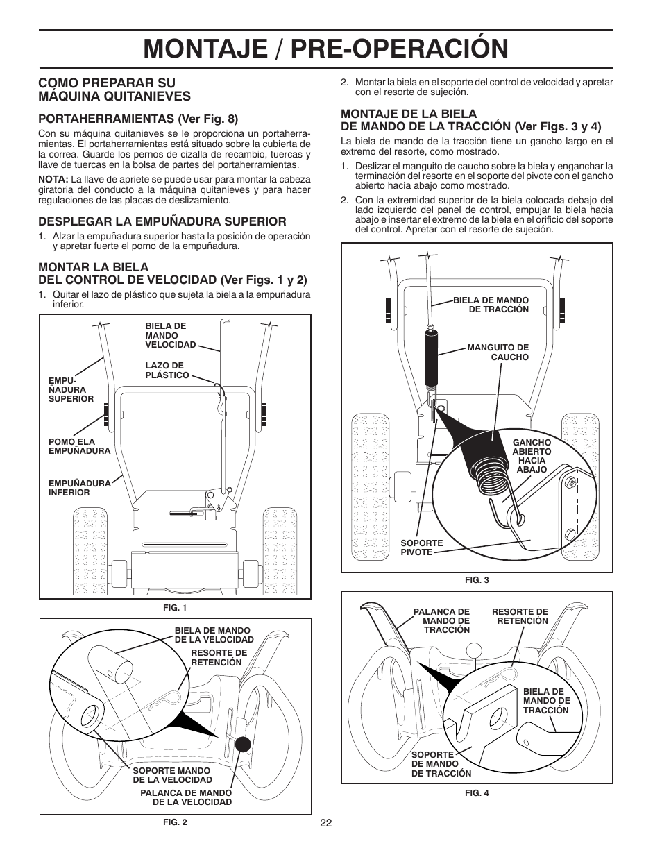 Montaje / pre-operación, Como preparar su máquina quitanieves, Portaherramientas (ver fig. 8) | Desplegar la empuñadura superior | Poulan 96194000500 User Manual | Page 22 / 48