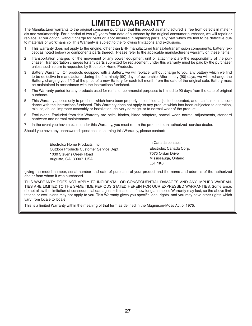 Limited warranty | Poulan 404489 User Manual | Page 27 / 30