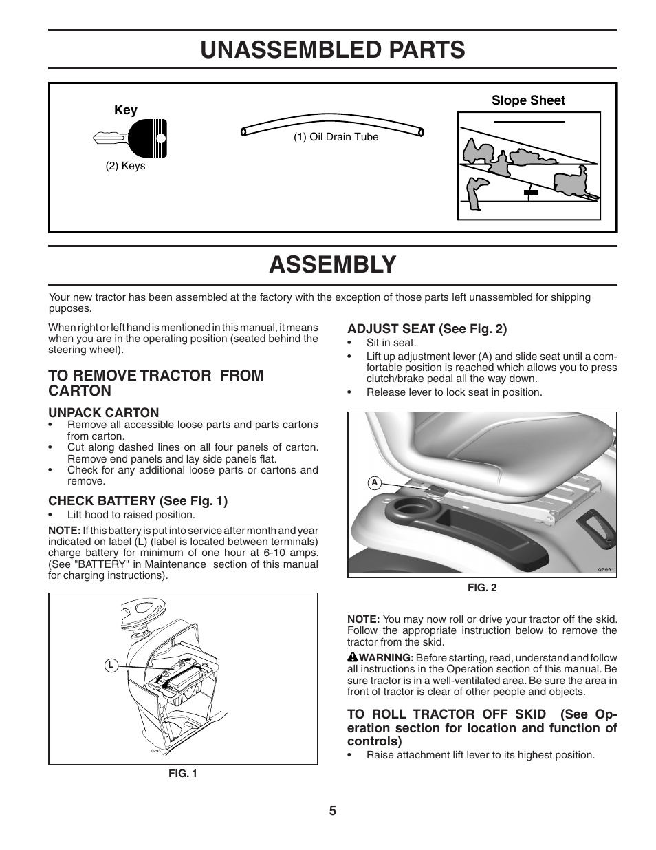 Unassembled parts, Assembly | Poulan 404489 User Manual | Page 5 / 30