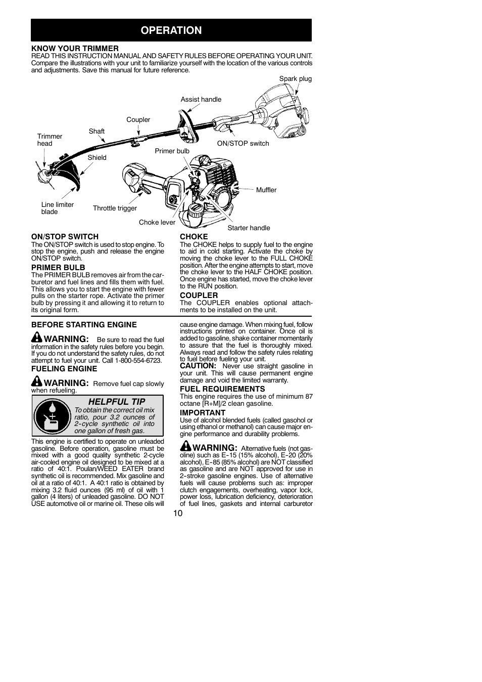 Operation, Warning, Helpful tip | Poulan 952711943 User Manual | Page 10 / 19