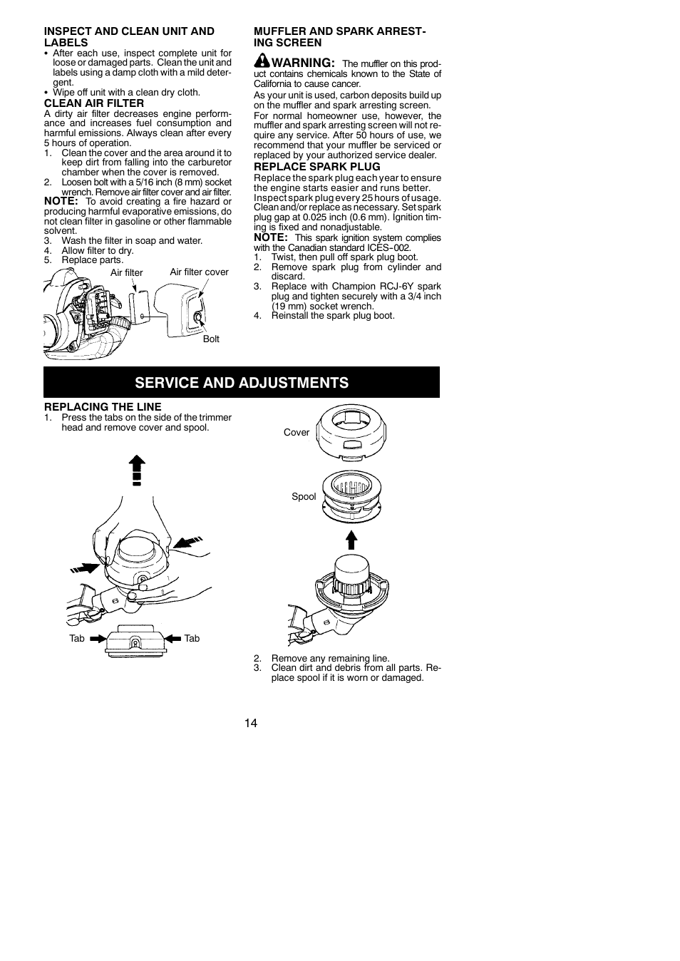 Service and adjustments, Warning | Poulan 952711943 User Manual | Page 14 / 19