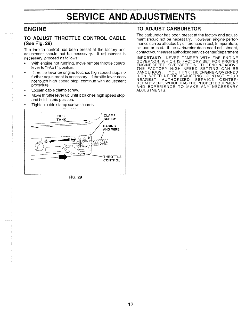 Engine, To adjust throttle control cable (see fig. 29), To adjust carburetor | Service and adjustments | Poulan 175668 User Manual | Page 17 / 28