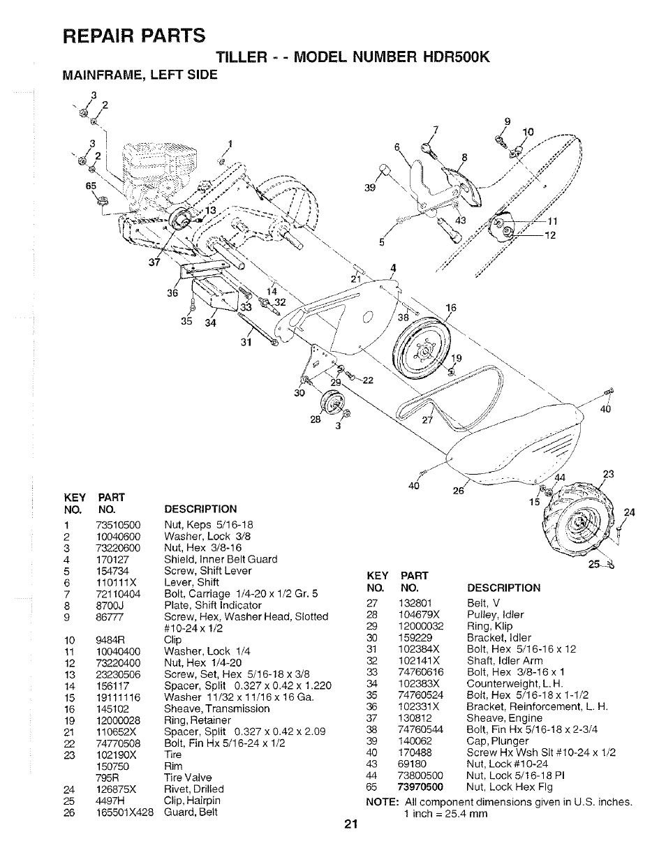 Repair parts, Tiller - - model number hdr500k, Mainframe, left side | Poulan 175668 User Manual | Page 21 / 28
