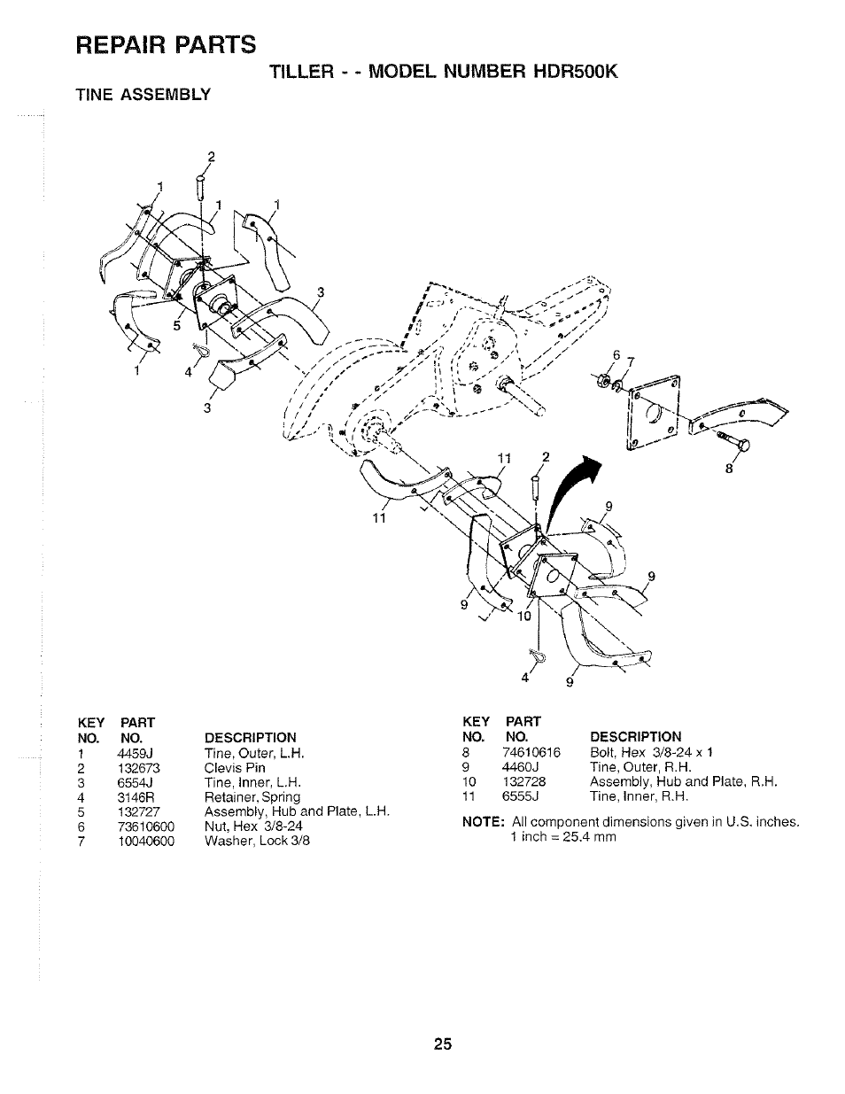 Tine assembly, Repair parts, Tiller - - model number hdr500k | Poulan 175668 User Manual | Page 25 / 28
