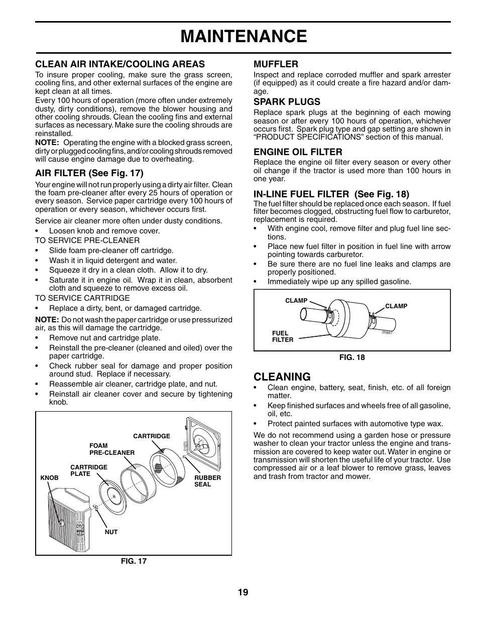 Maintenance, Cleaning | Poulan 186666 User Manual | Page 19 / 48