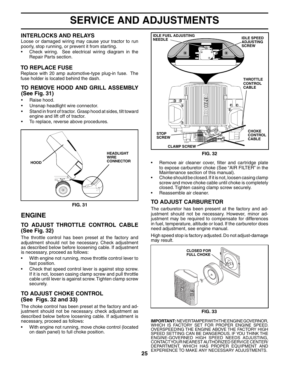 Service and adjustments, Engine | Poulan 186666 User Manual | Page 25 / 48