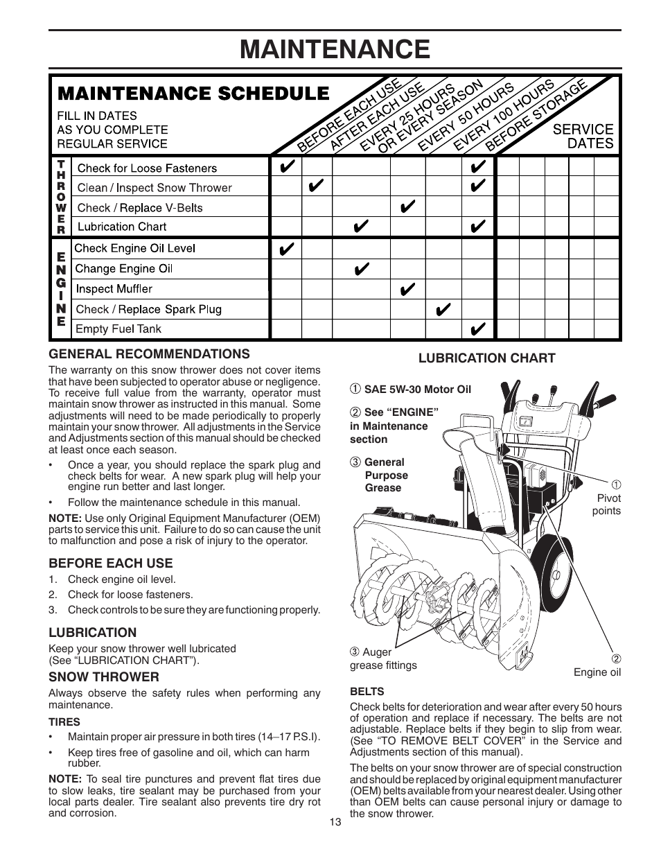 Maintenance | Poulan Pro PR624ES SNOW THROWER User Manual | Page 13 / 40