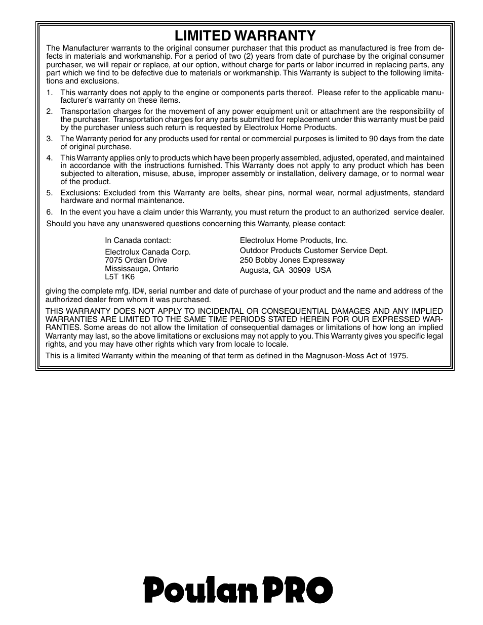 Limited warranty | Poulan 192030 User Manual | Page 20 / 20
