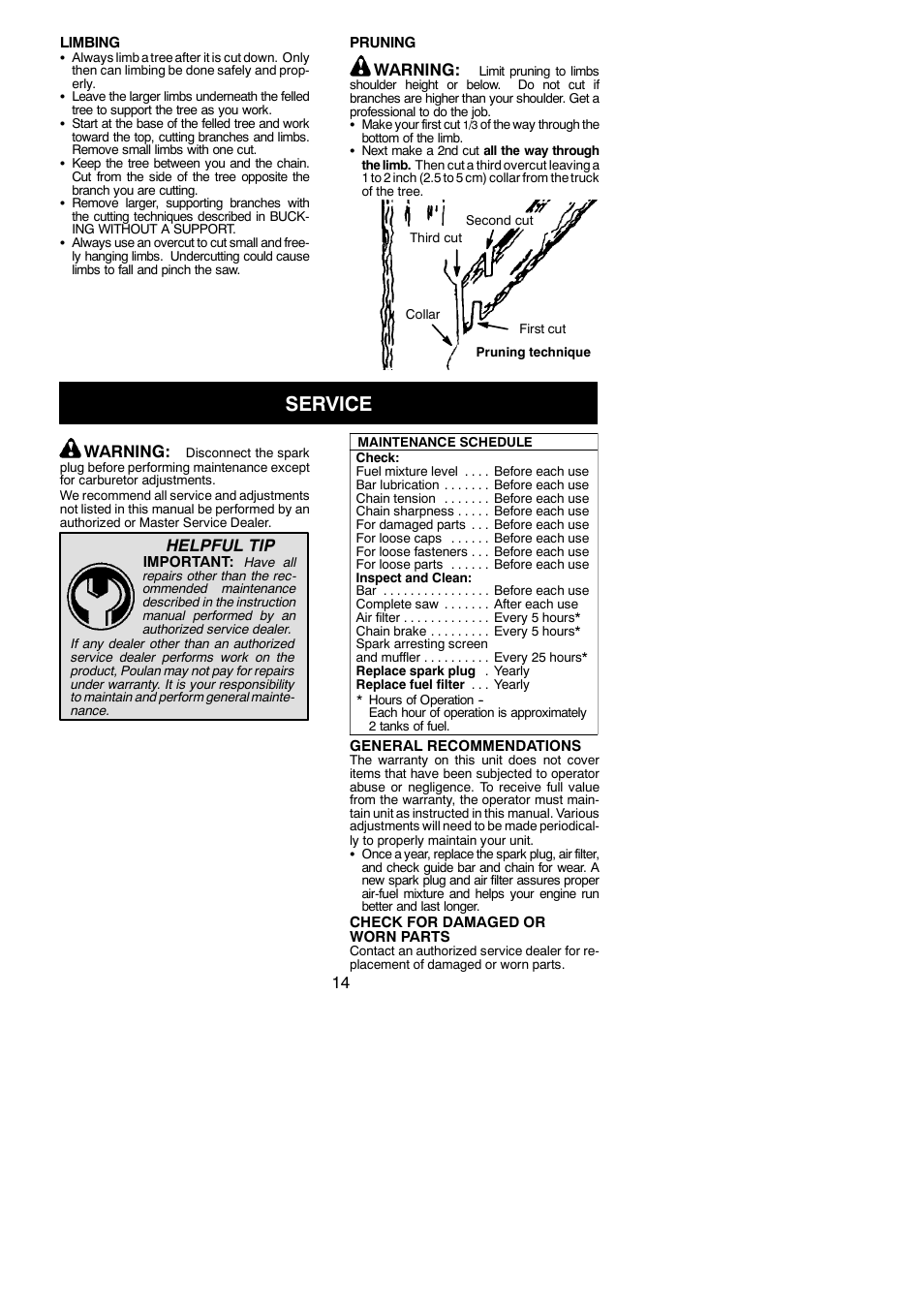 Service, Warning, Helpful tip | Poulan 115153026 User Manual | Page 14 / 21