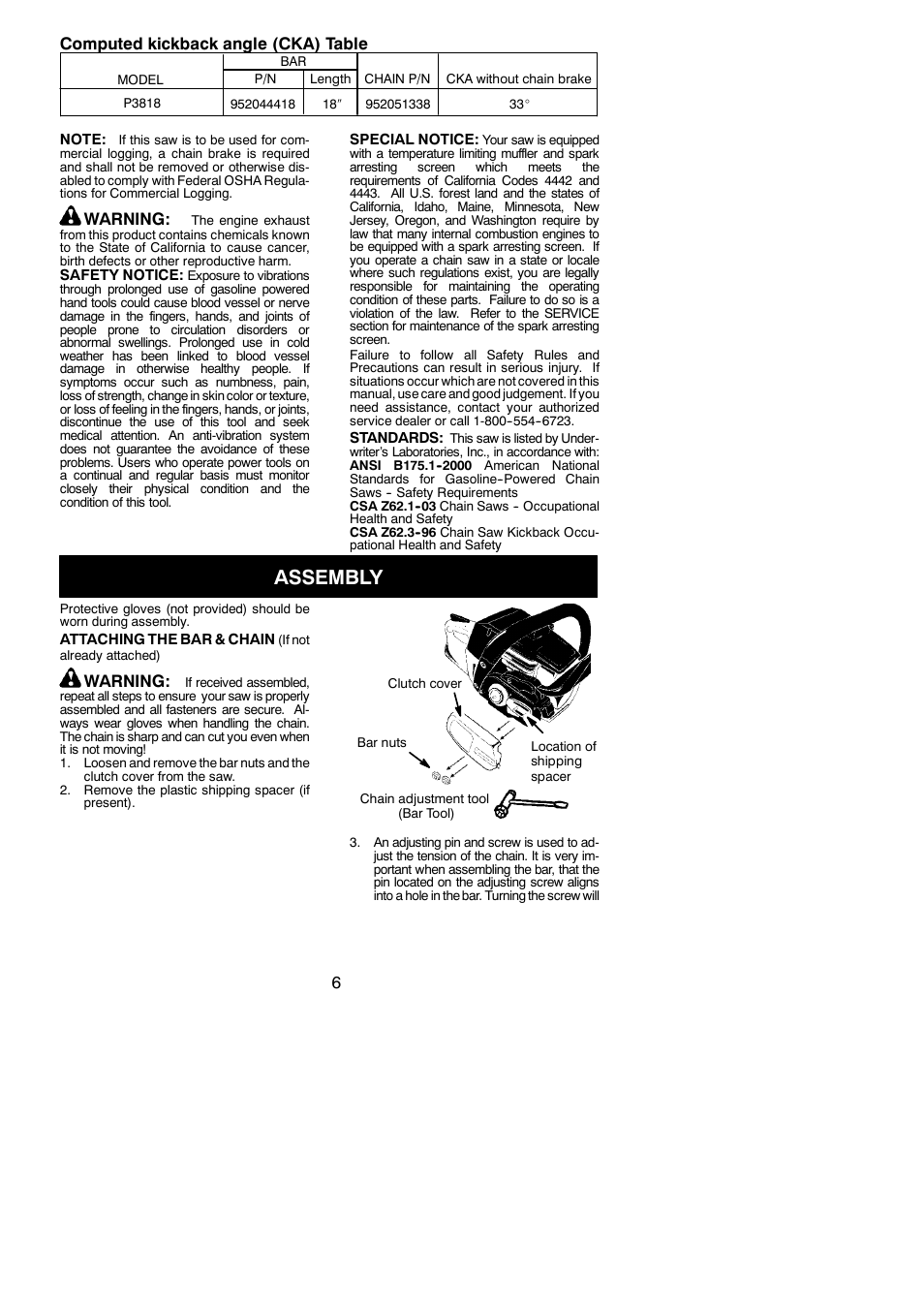 Assembly, 6computed kickback angle (cka) table, Warning | Poulan 115153026 User Manual | Page 6 / 21