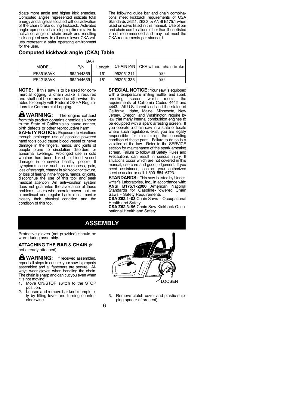 Assembly, Computed kickback angle (cka) table, Warning | Poulan Pro PP3516AVX User Manual | Page 6 / 21