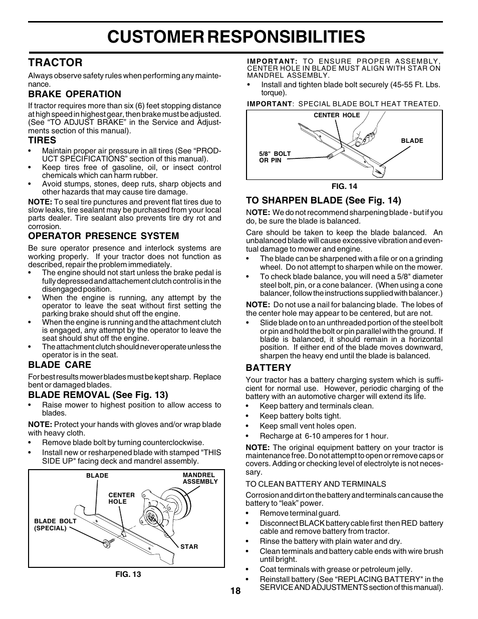 Customer responsibilities, Tractor | Poulan 179419 User Manual | Page 18 / 48