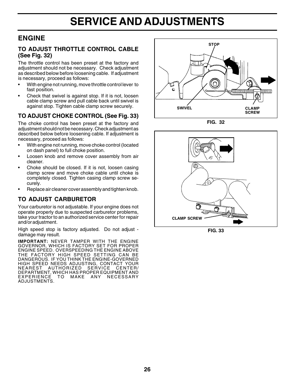Service and adjustments, Engine | Poulan 179419 User Manual | Page 26 / 48