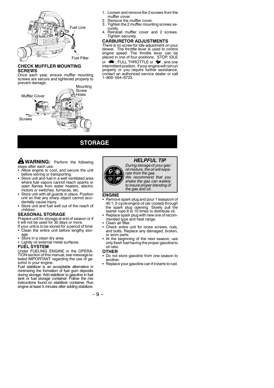 Storage, Warning, Helpful tip | Poulan 530165210 User Manual | Page 9 / 12
