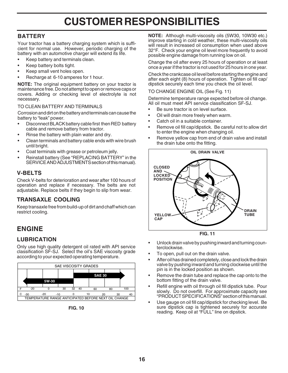Customer responsibilities, Engine, Lubrication | V-belts, Transaxle cooling, Battery | Poulan 182946 User Manual | Page 16 / 48