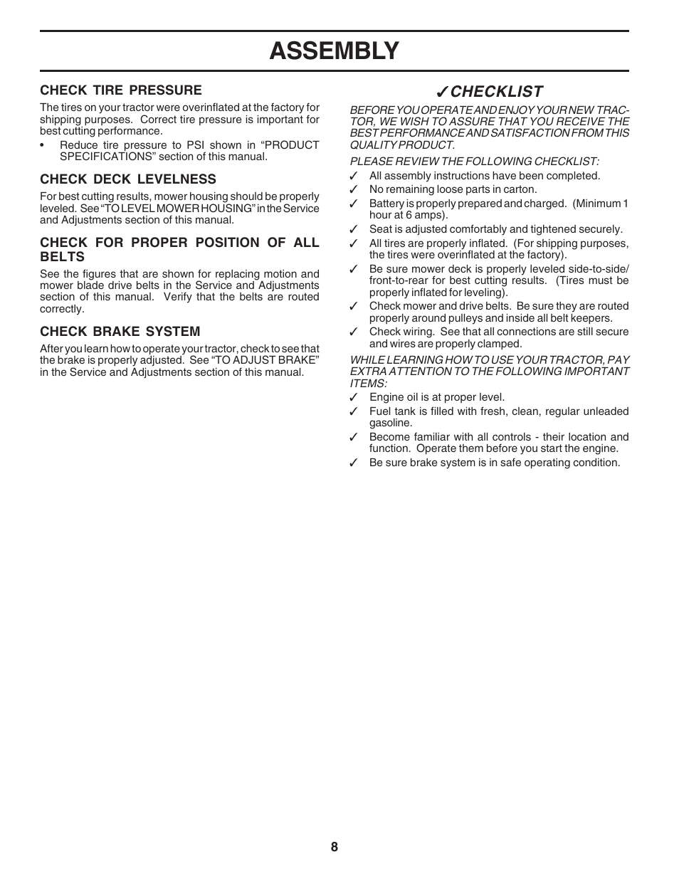 Assembly, Checklist | Poulan 182946 User Manual | Page 8 / 48