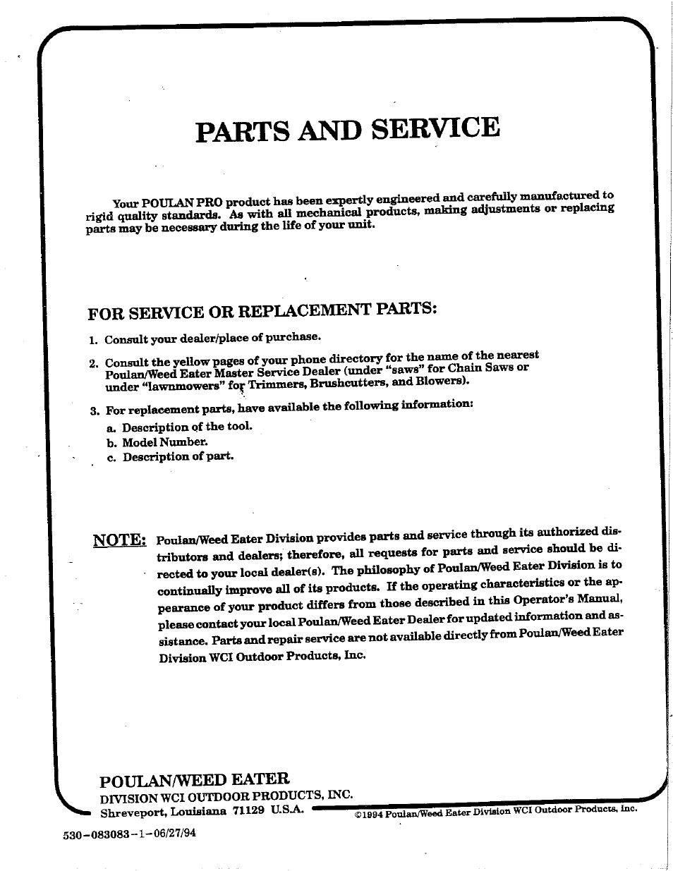 Parts and service, For service or replacement parts, Poulan/weed eater | Poulan 425 User Manual | Page 24 / 24