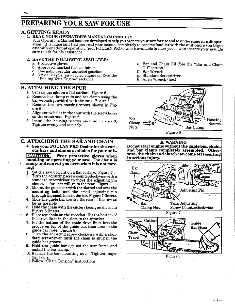 A. getting ready, B. attaching the spur, C. attaching the baè and chain | Preparing your saw for use | Poulan 425 User Manual | Page 7 / 24