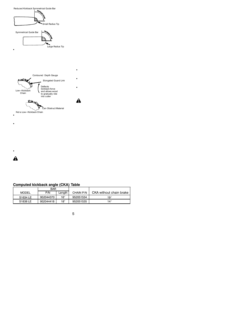 Warning, Computed kickback angle (cka) table | Poulan S1634 LE User Manual | Page 5 / 18