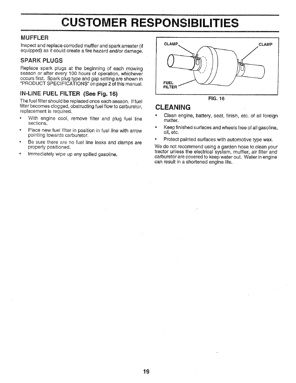 Muffler, Spark plugs, In-line fuel filter (see fig. 16) | Spark plug(s), Customer responsibilities, Cleaning | Poulan 159699 User Manual | Page 19 / 46