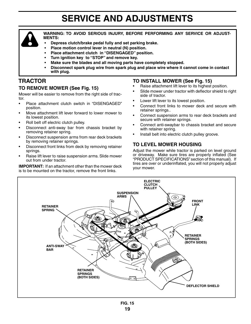 Service and adjustments, Tractor | Poulan 195018 User Manual | Page 19 / 30