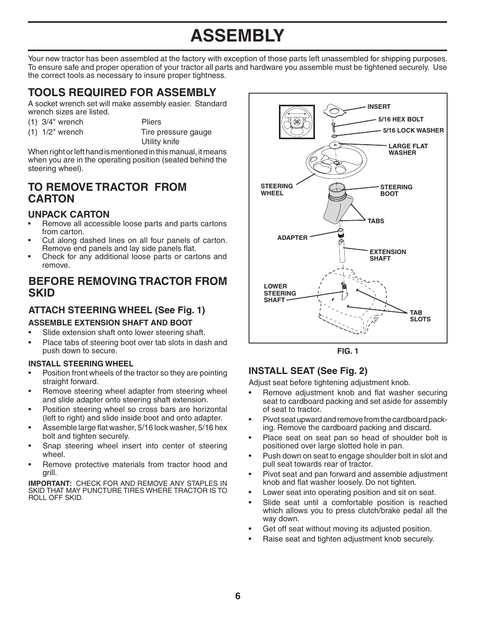 Assembly, Tools required for assembly, Before removing tractor from skid | Poulan 403780 User Manual | Page 6 / 30