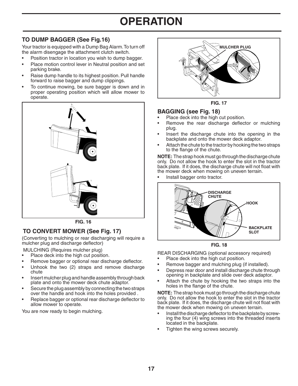 Operation, Bagging (see fig. 18) | Poulan Pro PP16H36RB LAWN TRACTOR User Manual | Page 17 / 48
