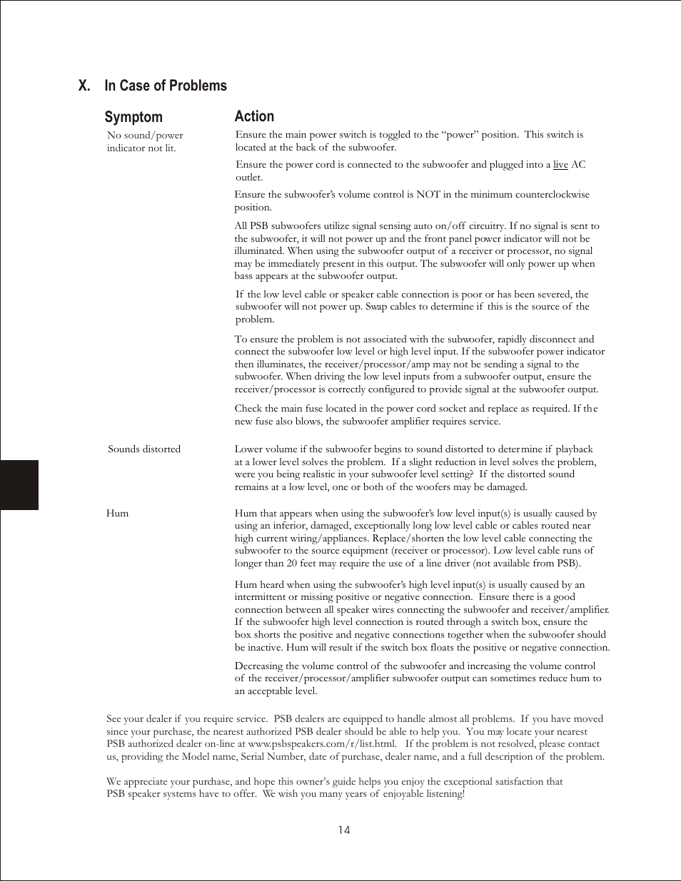 X. in case of problems symptom action | PSB Speakers CHS212 User Manual | Page 14 / 52