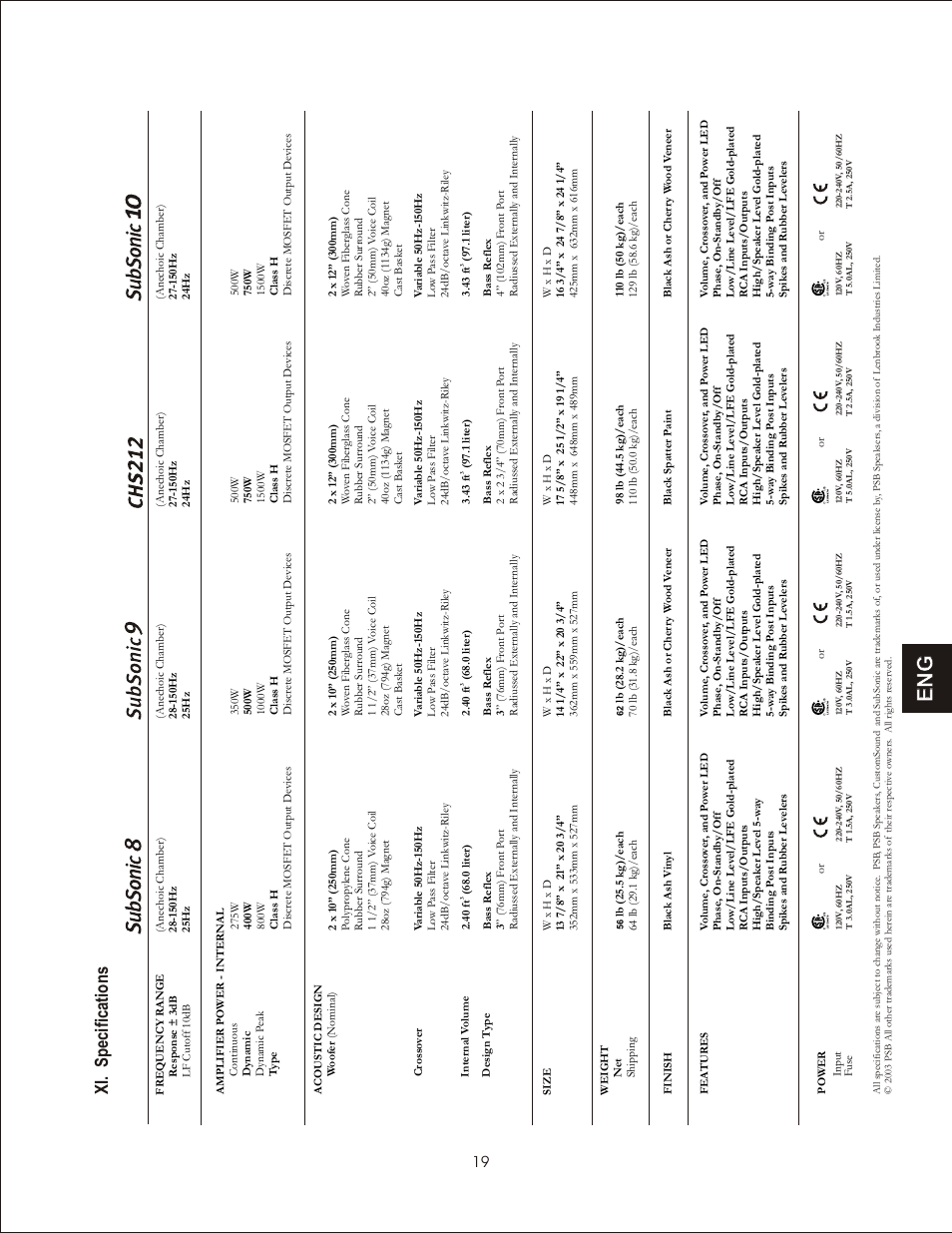 Xi . sp ec ifi ca tio ns | PSB Speakers CHS212 User Manual | Page 19 / 52