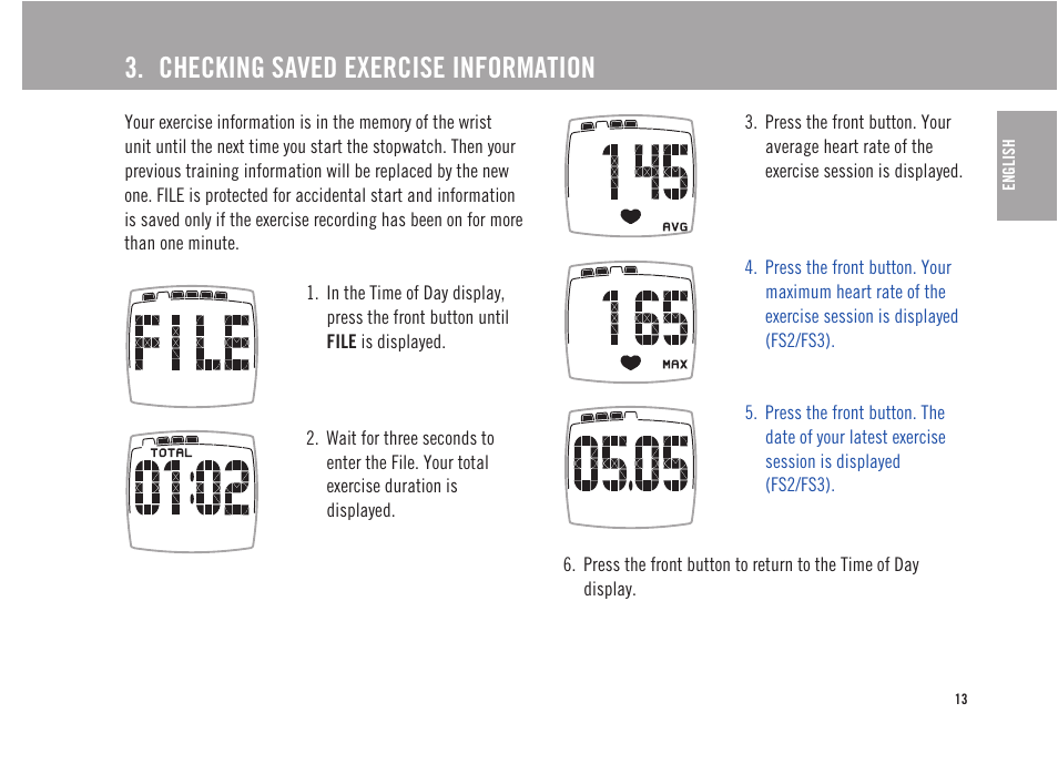 Checking saved exercise information | POLAR FS3 User Manual | Page 12 / 25