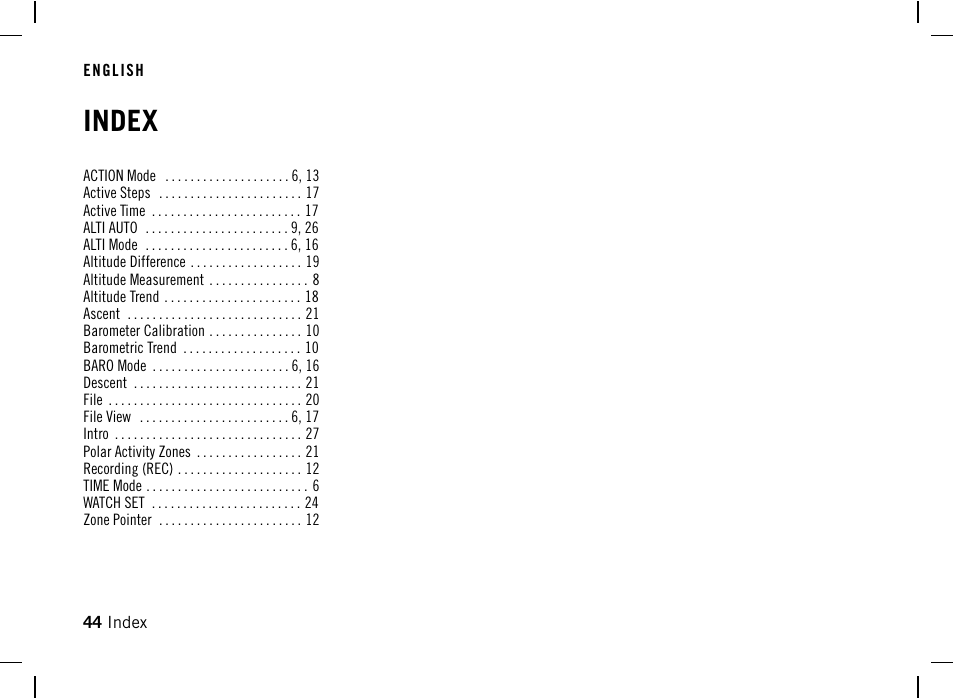 Index | POLAR AW200 User Manual | Page 44 / 44