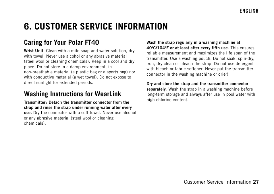 Customer service information, Caring for your polar ft40, Washing instructions for wearlink | POLAR FT40TM User Manual | Page 27 / 38