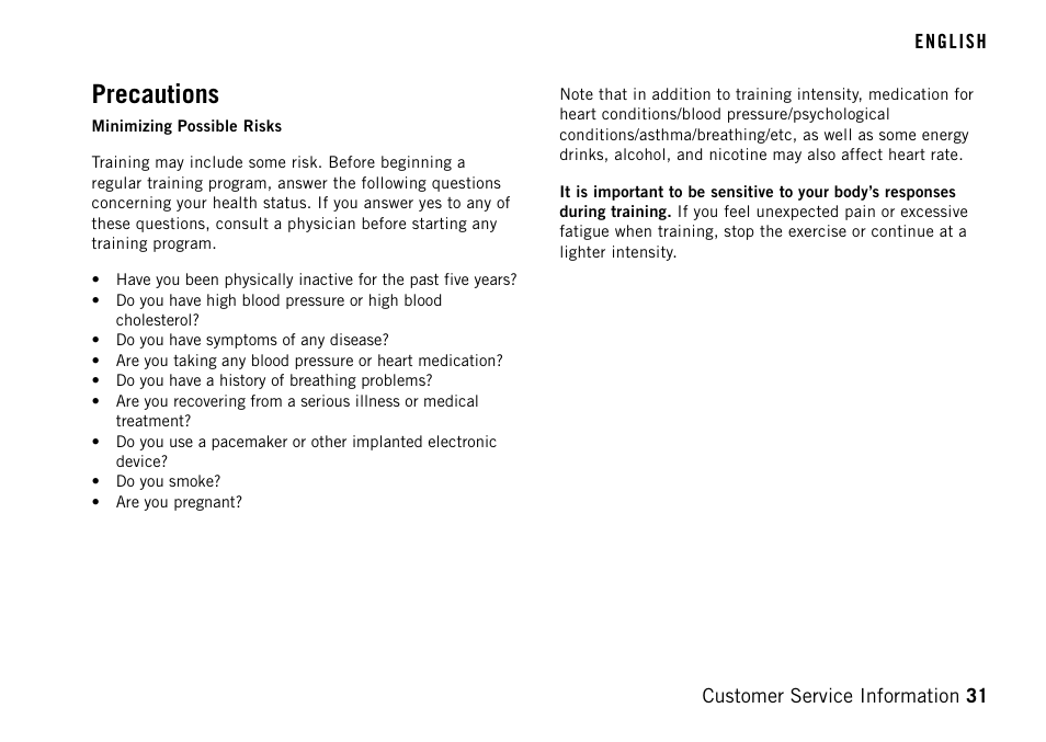 Precautions | POLAR FT40TM User Manual | Page 31 / 38