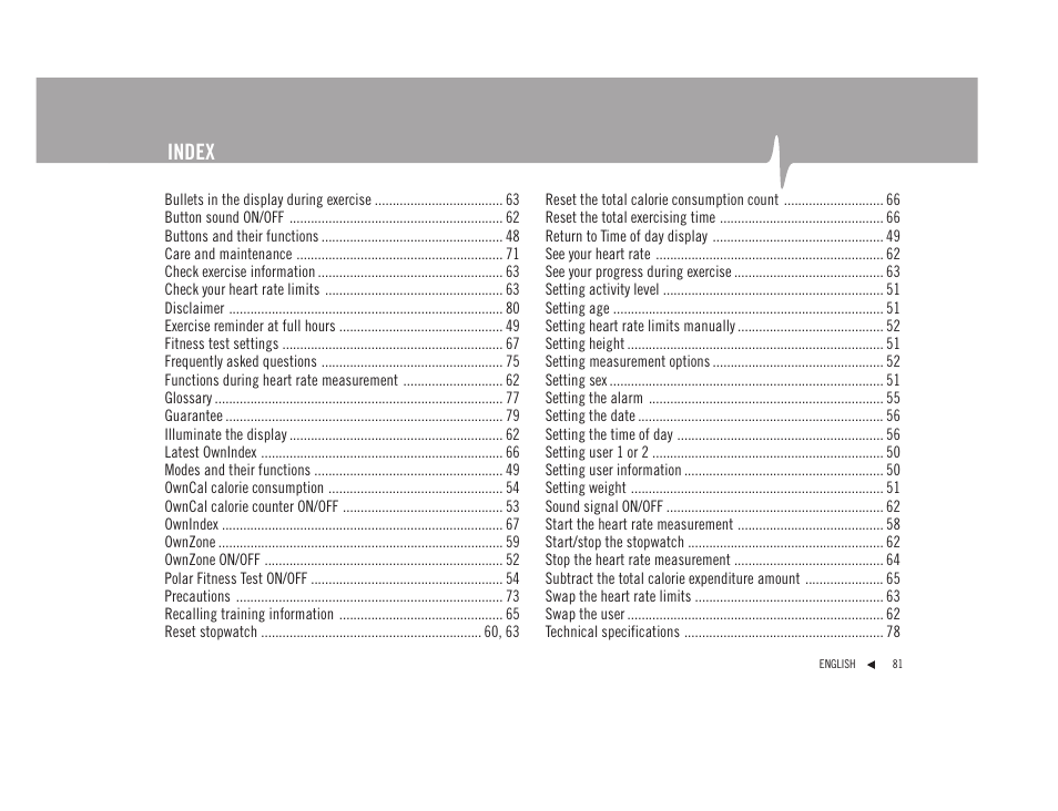 Index | POLAR F92tiTM User Manual | Page 40 / 40