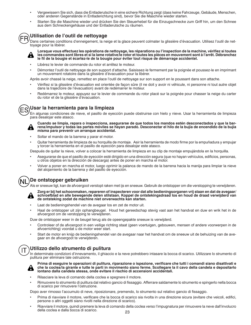 Utilisation de l’outil de nettoyage, Usar la herramienta para la limpieza, De ontstopper gebruiken | Utilizzo dello strumento di pulitura | Partner Tech PSB240 User Manual | Page 23 / 60