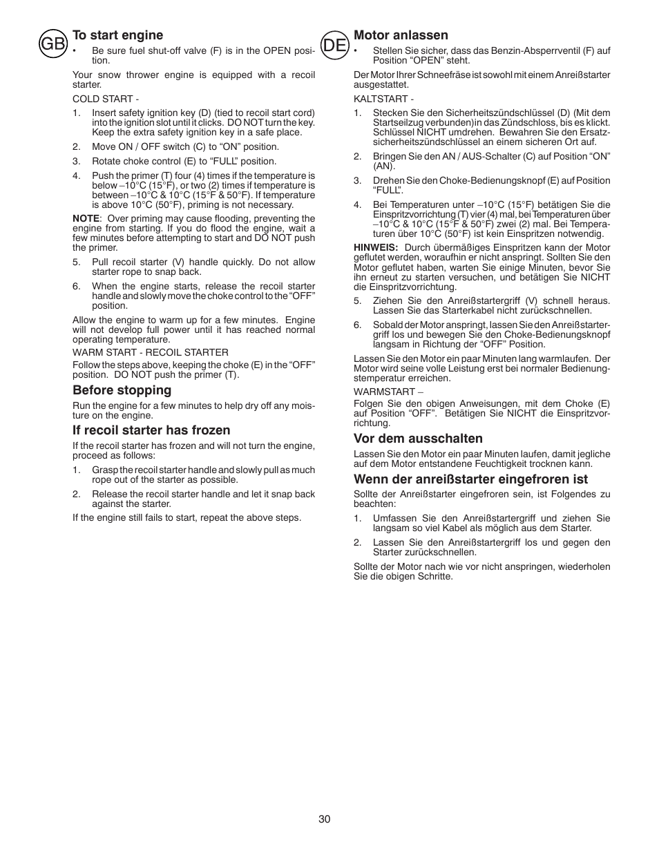 Before stopping, If recoil starter has frozen, Motor anlassen | Vor dem ausschalten, Wenn der anreißstarter eingefroren ist | Partner Tech PSB240 User Manual | Page 30 / 60