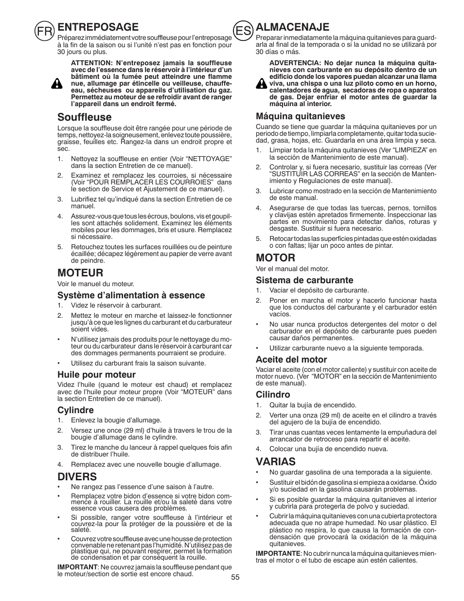 Entreposage, Souffleuse, Moteur | Divers, Almacenaje, Motor, Varias | Partner Tech PSB240 User Manual | Page 55 / 60