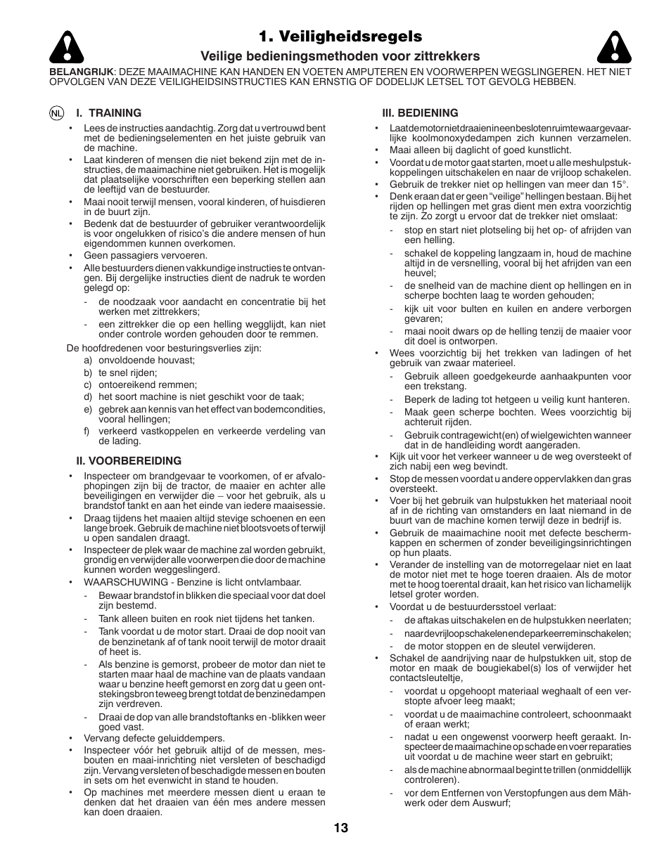Veiligheidsregels, Veilige bedieningsmethoden voor zittrekkers | Partner Tech P145107H User Manual | Page 13 / 80