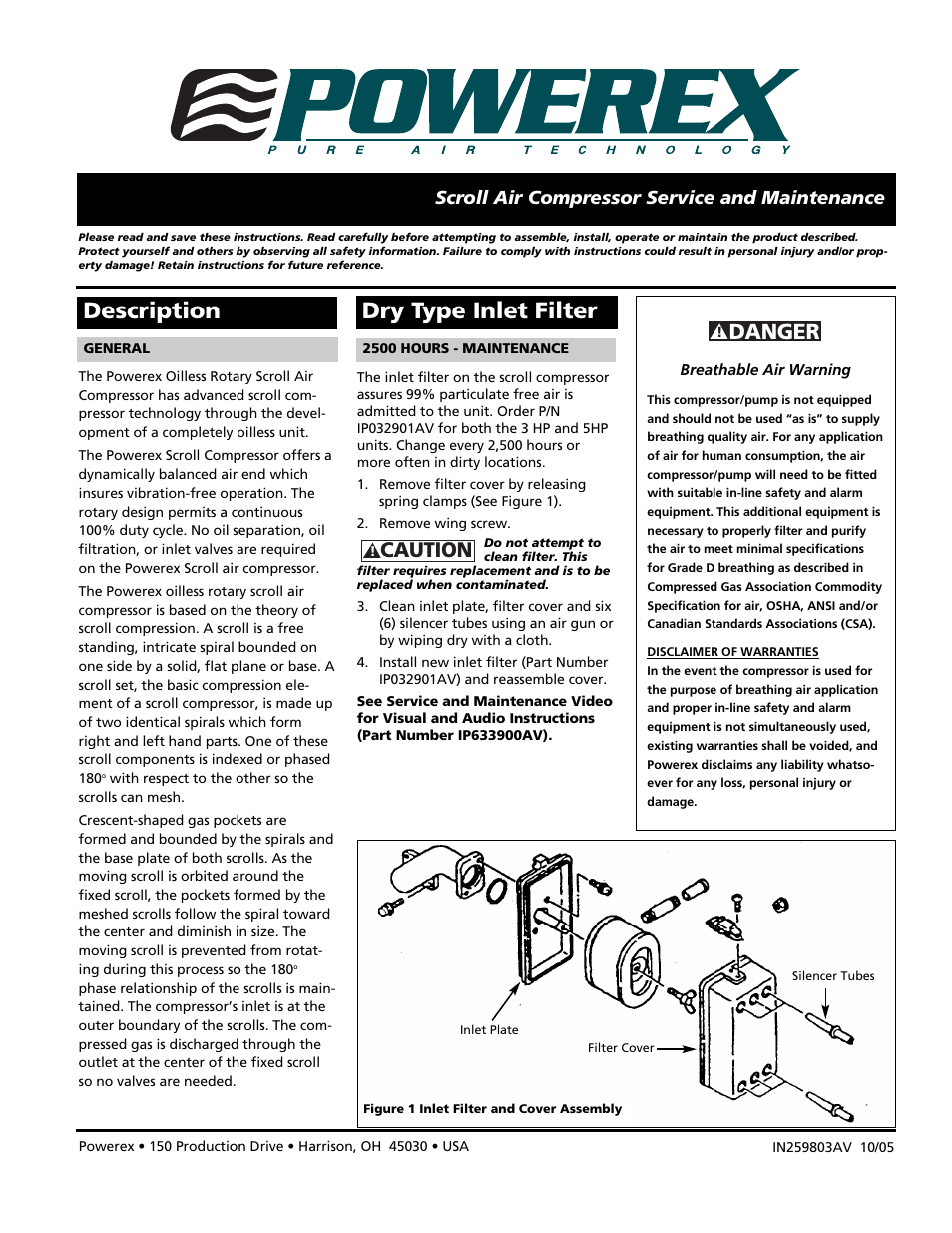 Description, Dry type inlet filter, Danger | Caution, Scroll air compressor service and maintenance | Powerex SBS1517 User Manual | Page 13 / 20