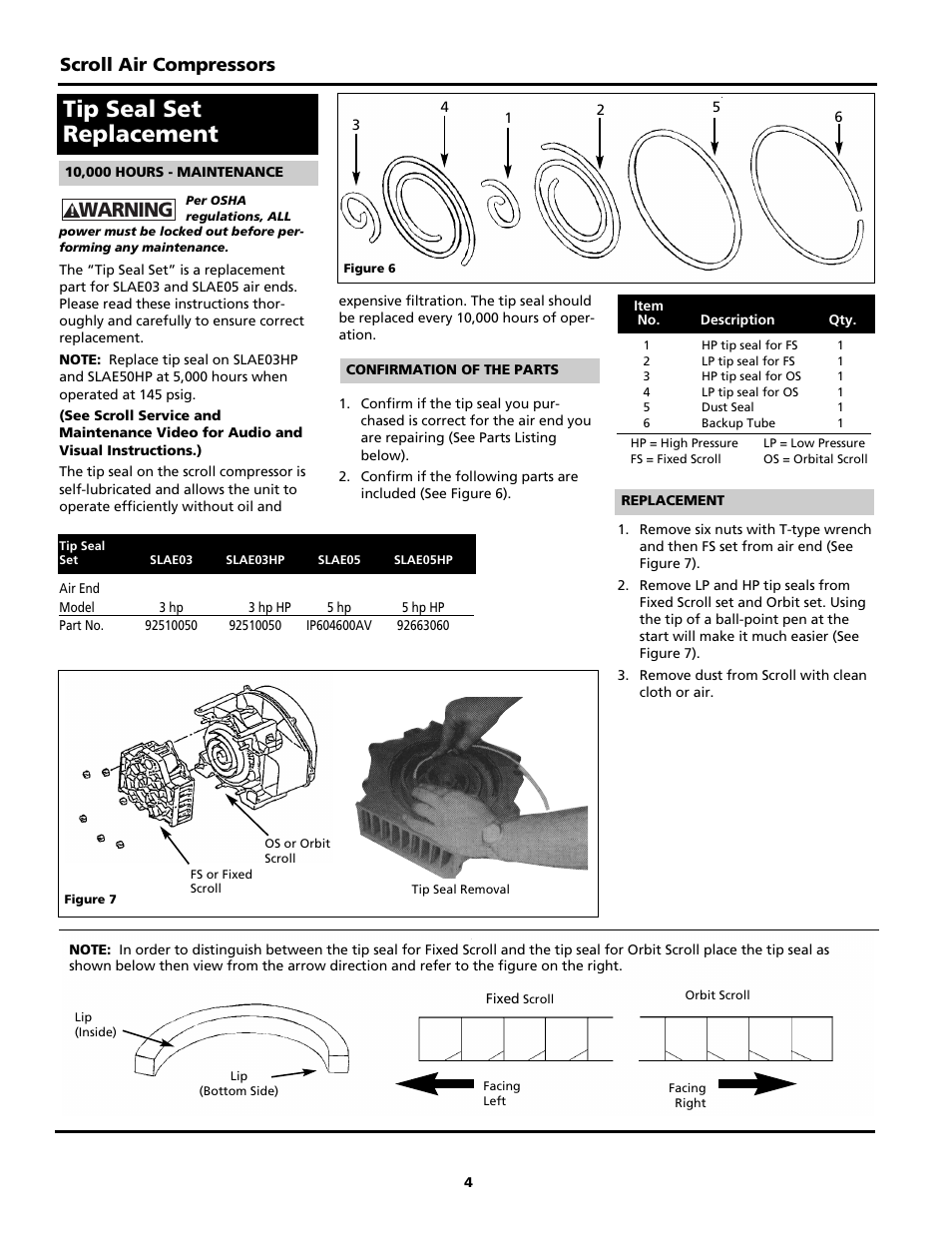 Tip seal set replacement, Warning, Scroll air compressors | Powerex SBS1517 User Manual | Page 16 / 20