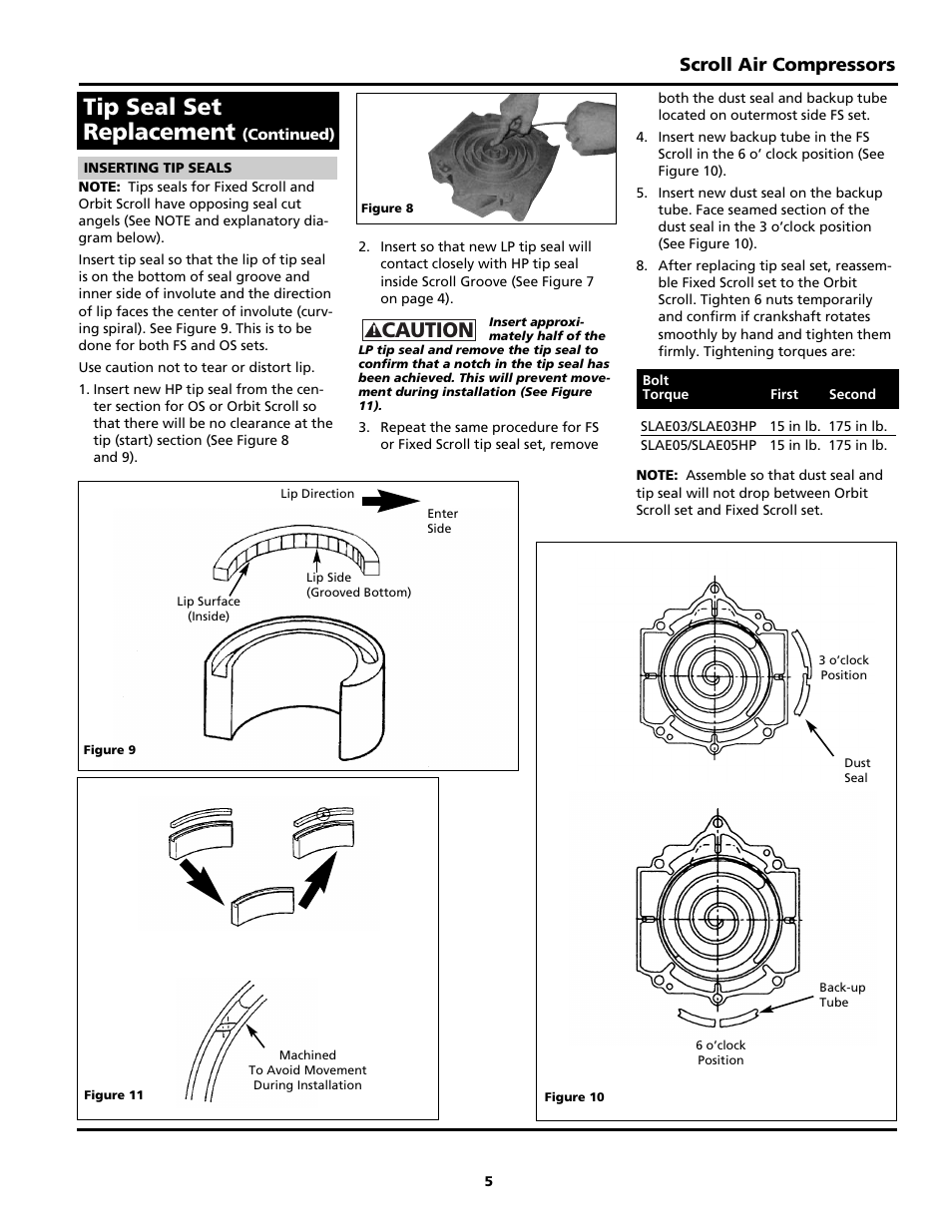 Tip seal set replacement, Caution, Scroll air compressors | Powerex SBS1517 User Manual | Page 17 / 20